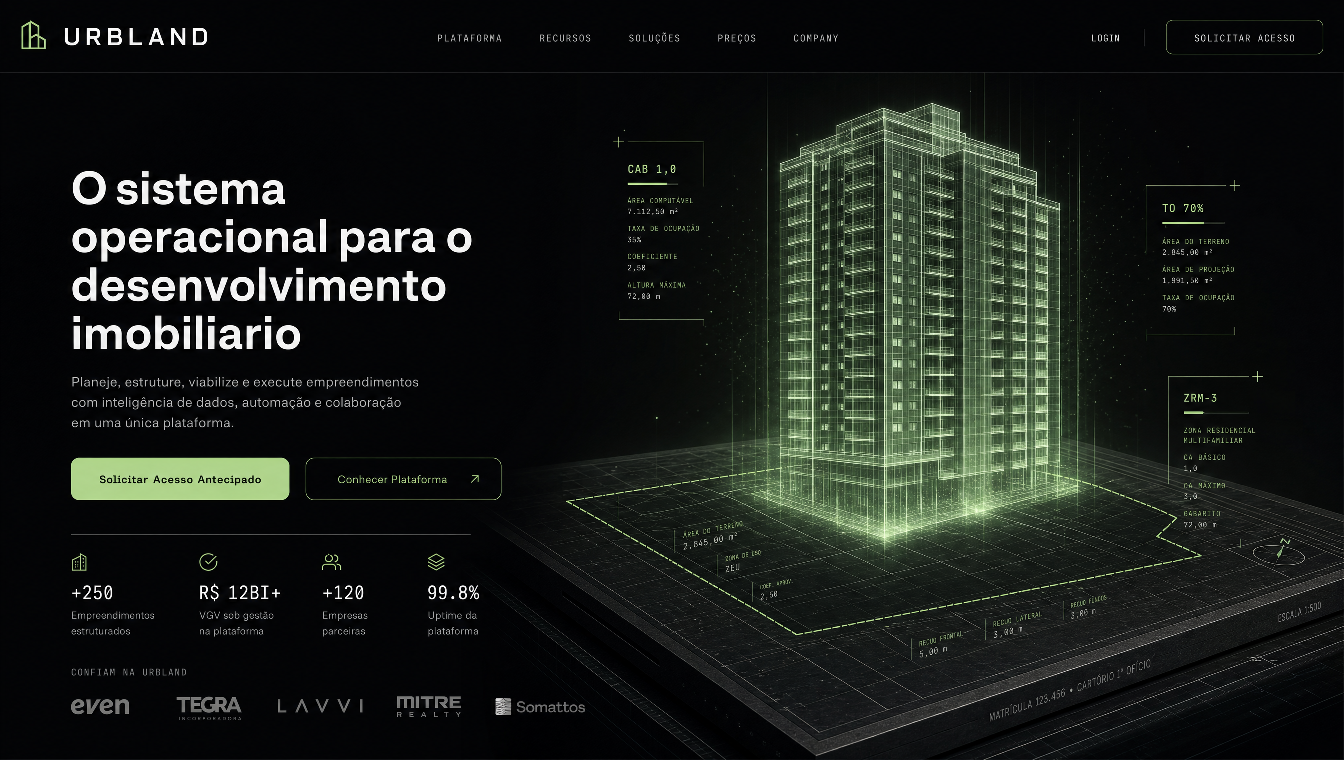 Comp Dark B — wireframe holográfico verde de um edifício sobre plinto escuro