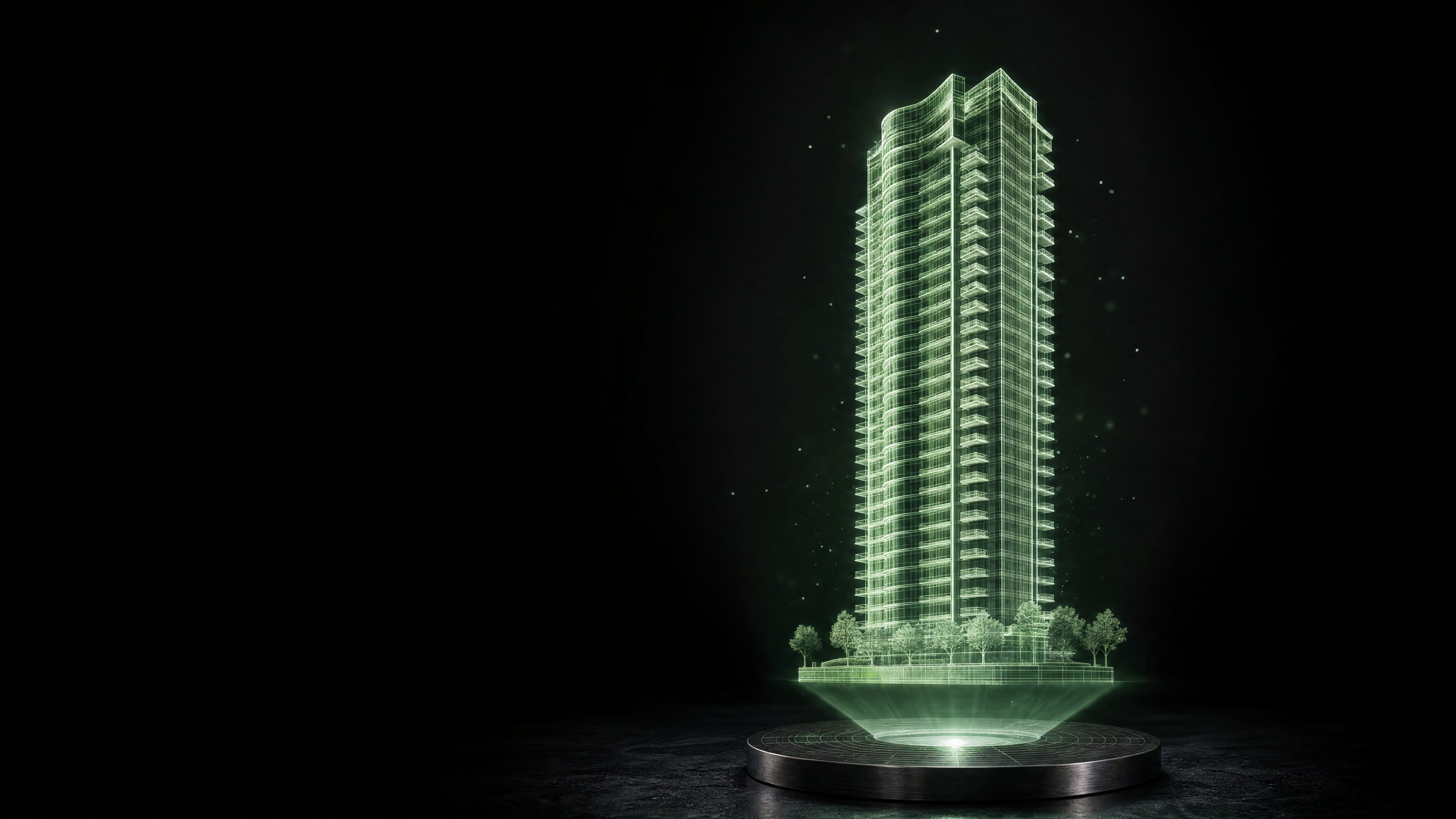 Projeção holográfica em wireframe sálvia de uma torre residencial elegante com pódio arborizado, flutuando sobre um disco projetor em fundo preto
