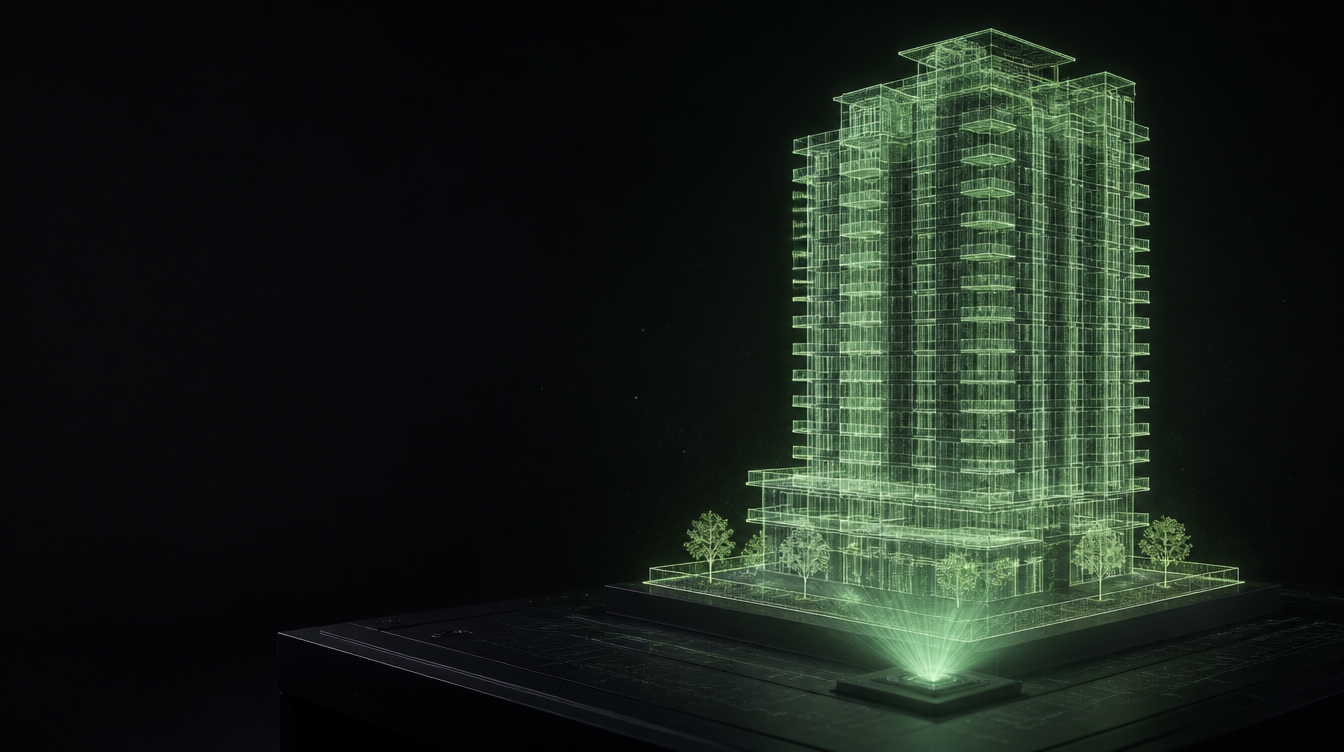 Projeção holográfica em wireframe verde de uma torre residencial sobre um plinto técnico com grade de agrimensura