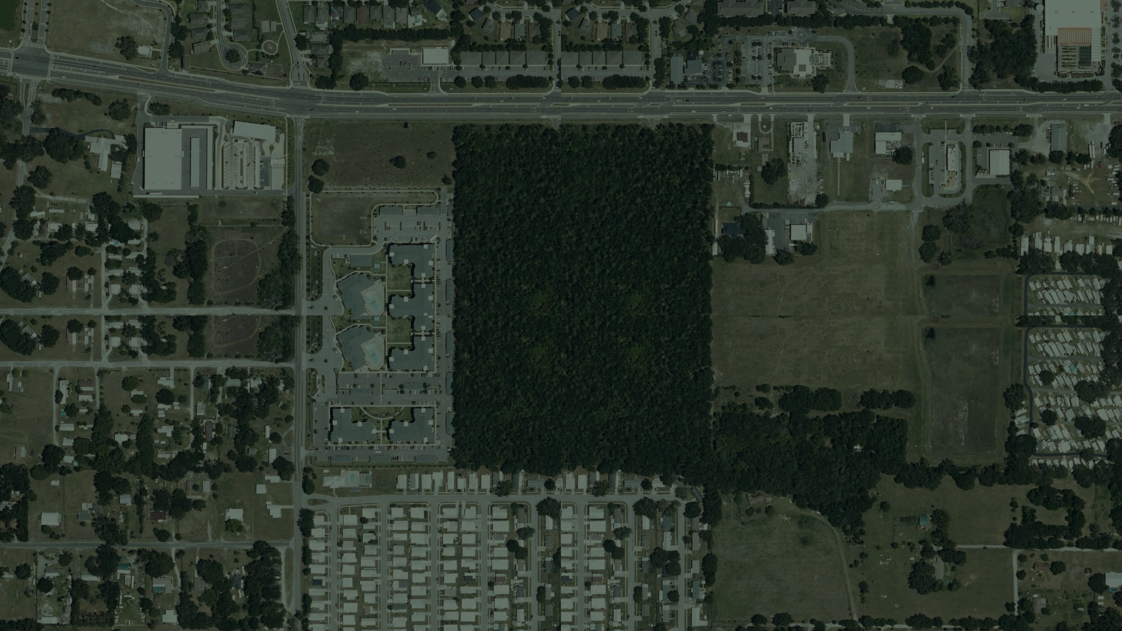 Imagem de satélite real da região de Mowrey Road, Pasco County, Flórida: grande terreno arborizado com campo adjacente, cercado pela malha urbana de Wesley Chapel